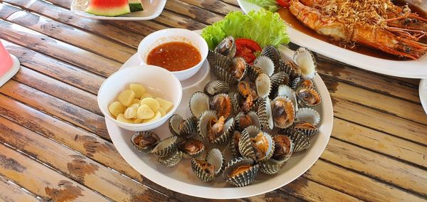 High angle view of food in plate on table