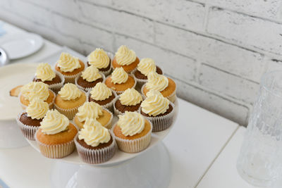 High angle view of cupcakes on table