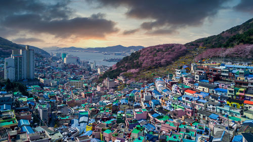 High angle view of townscape against sky