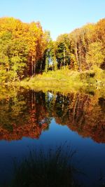 Reflection of trees in lake against sky