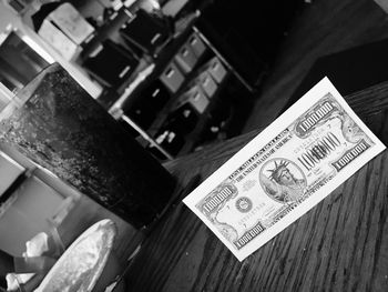 High angle view of objects on table