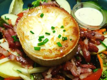 High angle view of breakfast served on table