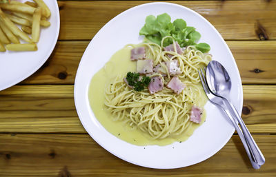 Directly above shot of meal served on table