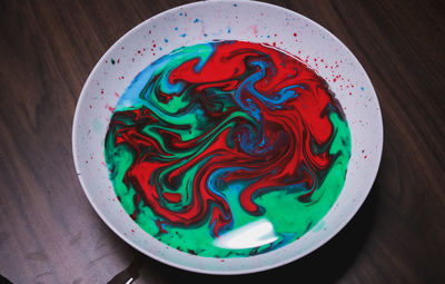 Directly above shot of multi colored candies in bowl on table