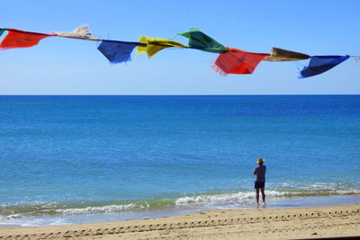Bunting flags over person standing at beach by sea against clear sky