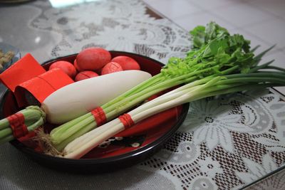 High angle view of chopped vegetables on table