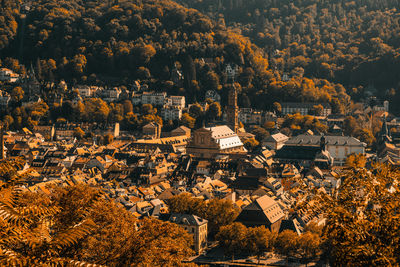 High angle view of townscape and trees in city