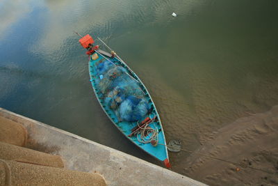 High angle view of fishing boat moored in sea