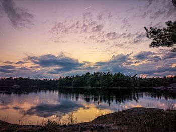 Scenic view of lake against sky at sunset