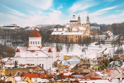 High angle view of townscape against sky during winter