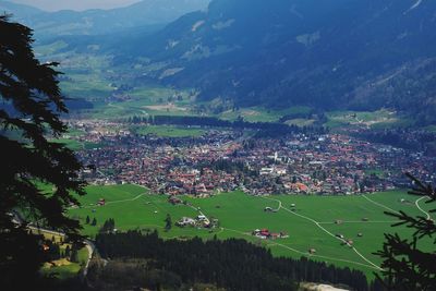 High angle view of agricultural field in town