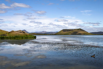 Scenic view of lake against cloudy sky