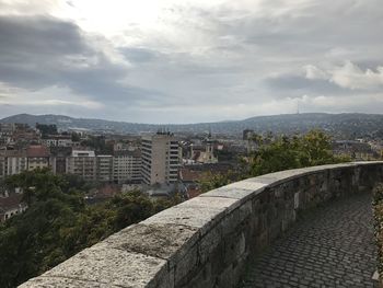 High angle view of cityscape against cloudy sky