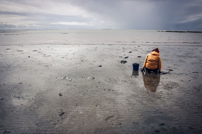 Rear view of man on beach against sky