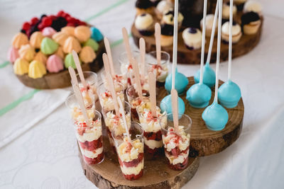 High angle view of candies on table