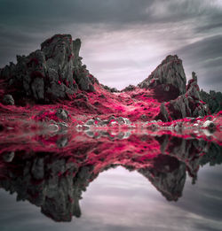Reflection of rocks in water against sky
