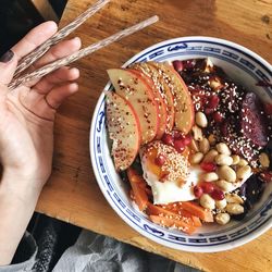 Close-up of hand holding chopsticks with bowl of food