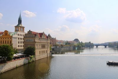 Buildings at waterfront against cloudy sky