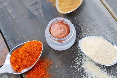 High angle view of spices on table