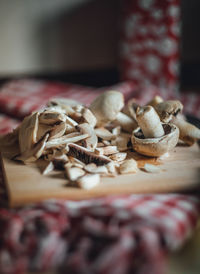 Close-up of chopped mushrooms on table