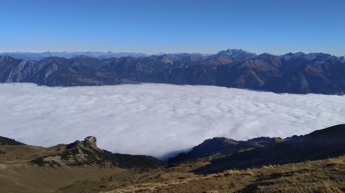 Scenic view of snowcapped mountains against clear sky