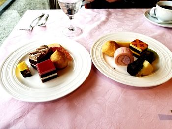 High angle view of breakfast served on table