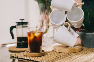 Close-up of coffee served on table