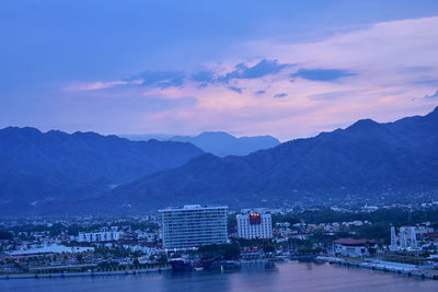 Scenic view of sea and buildings against sky at sunset