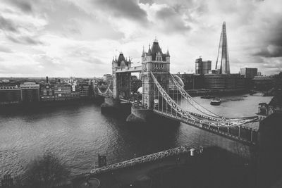 View of suspension bridge against cloudy sky