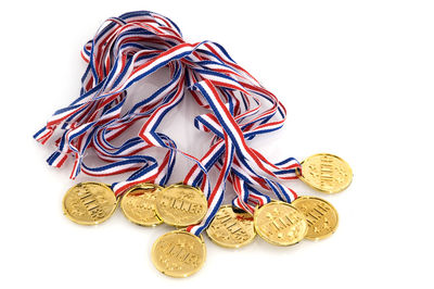 Close-up of coins on white background