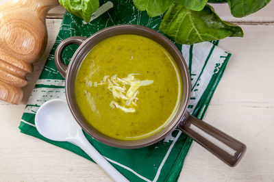 High angle view of soup in bowl on table