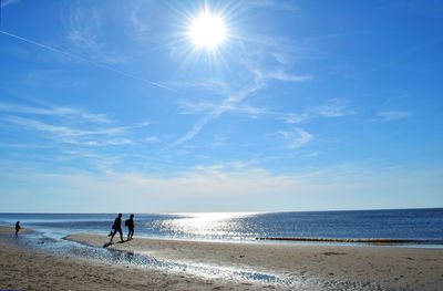 Silhouette people walking on calm beach