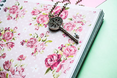 High angle view of pink flowers on table