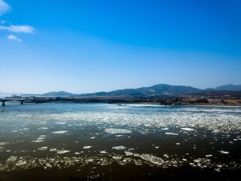 Scenic view of sea against clear blue sky