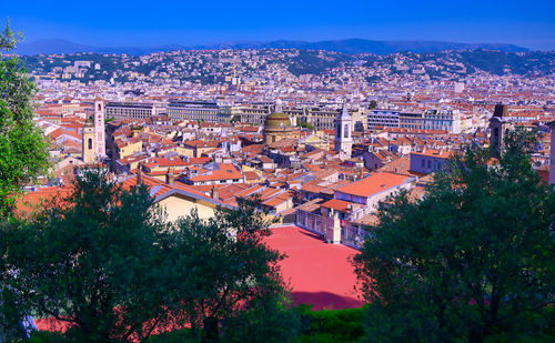 High angle shot of townscape against sky