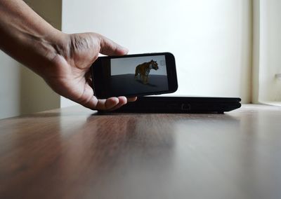 Midsection of man using smart phone on table