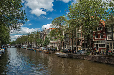 Tree-lined canal with old buildings and boats in amsterdam. the netherland capital full of canals.