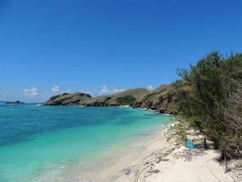 Scenic view of sea against clear blue sky