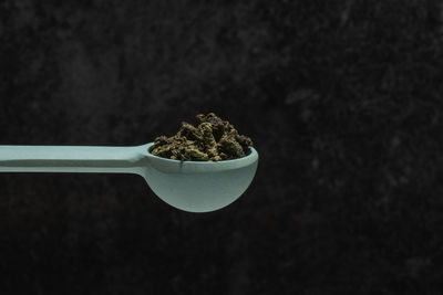 Close-up of bread on table against black background