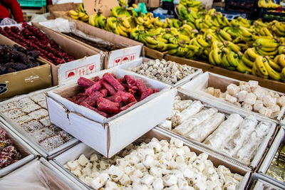 High angle view of food for sale at market stall