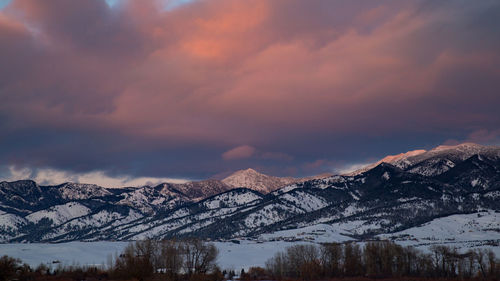 Scenic view of snowcapped mountains during sunset