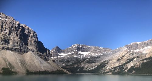 Scenic view of lake and mountains against clear sky