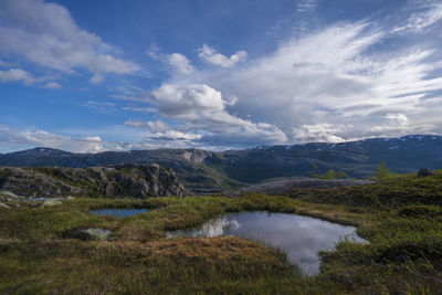 Scenic view of lake and mountains against sky