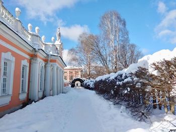 Snow covered road amidst trees and buildings against sky