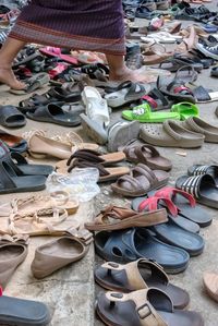 High angle view of shoes for sale