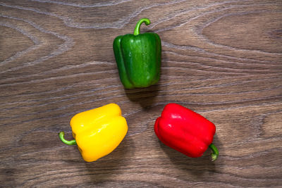 High angle view of bell peppers on table