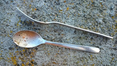 Directly above view of silverware on rock