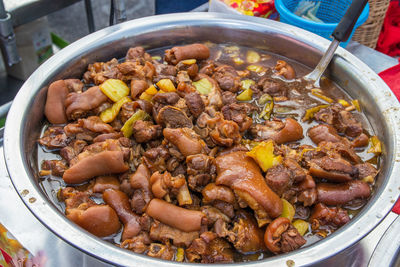 High angle view of meat in container