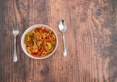 High angle view of breakfast served on table