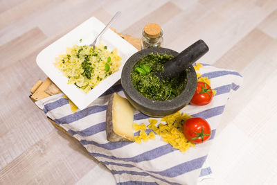 High angle view of vegetables in plate on table